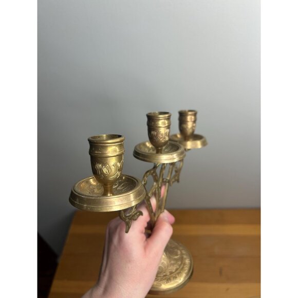 Antique vintage brass etched Candle Holder Vintage Candelabra 3 Branches Candela - Picture 5 of 7